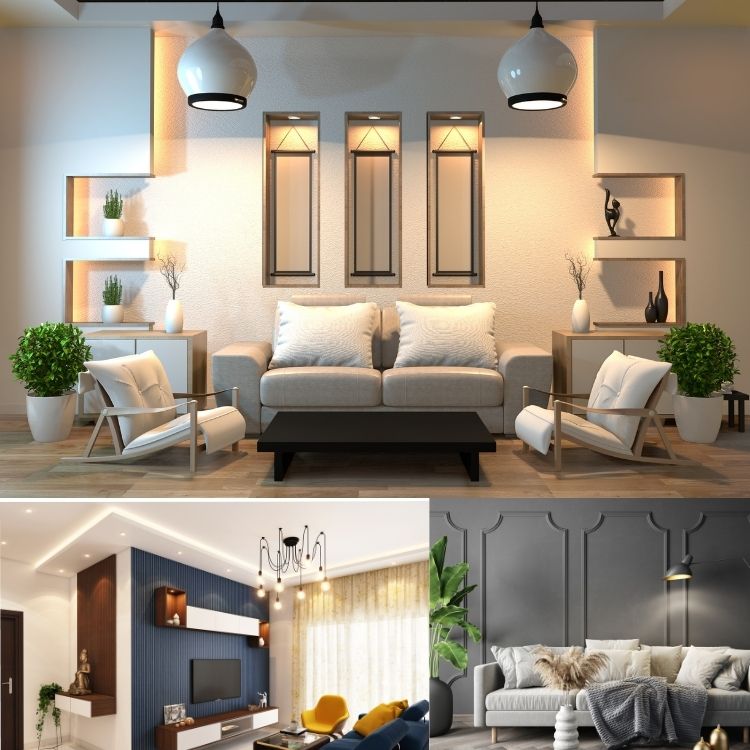 Modern living room showcasing a cozy sofa, elegant lighting, and decorative shelving. Three stylish interior designs displayed below.