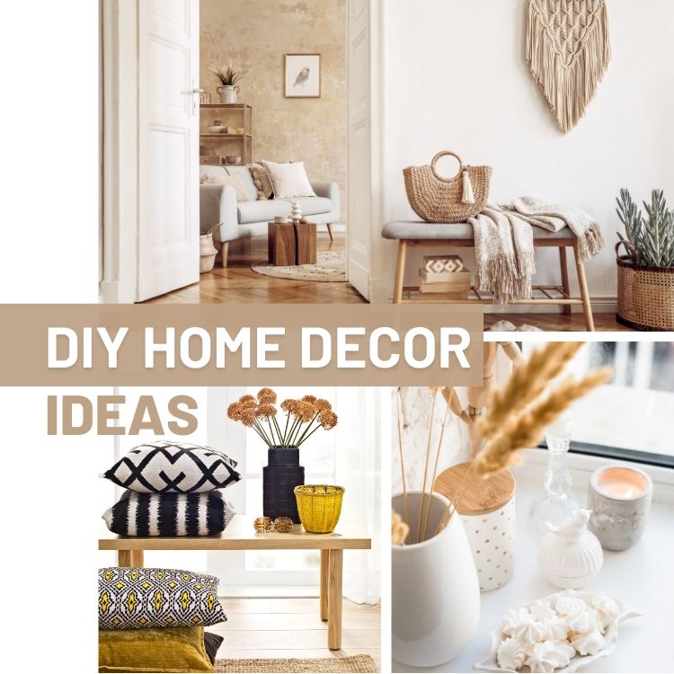 Collage of cozy DIY home decor ideas including textiles, plants, and decorative items.