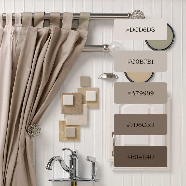 Elegant bathroom interior with beige curtains, sink, color palette samples, and hex color codes.