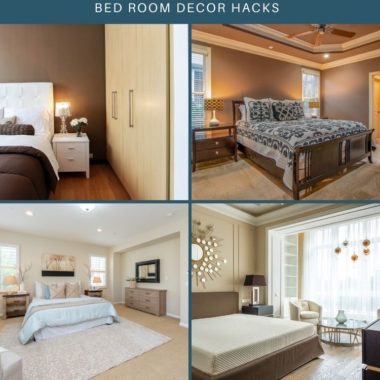 Four stylish bedroom designs showcasing decor hacks: cozy furniture, layered textiles, and elegant lighting for enhanced aesthetics.