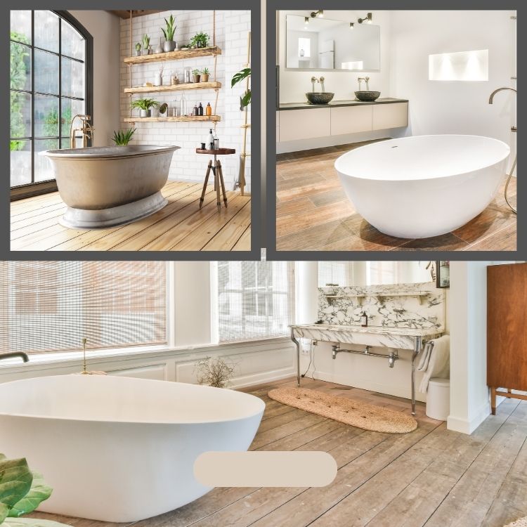 Four distinct images showcasing different bathroom designs, each highlighting a unique bathtub and stylish arrangements.