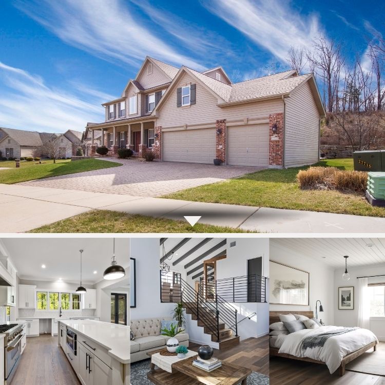 Suburban two-story house with interior views of a kitchen, living area, and bedroom.