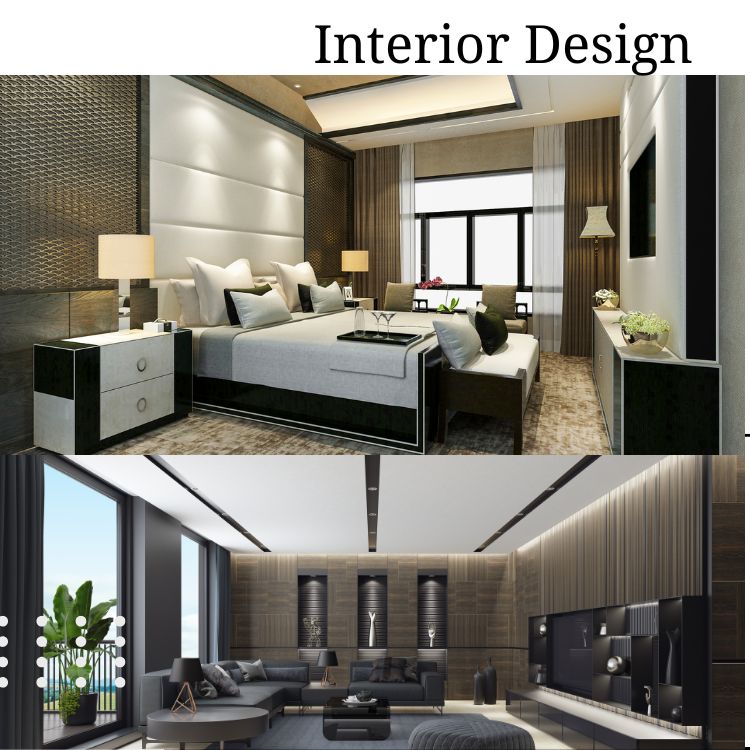 Two modern interior designs with "Interior Design" text, showcasing a bedroom and a living room.