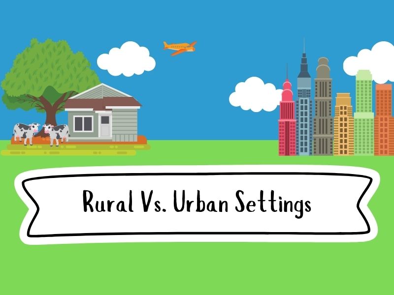 Rural vs. urban settings comparison showing lifestyle, environment, and differences in living space, infrastructure, and natural beauty.